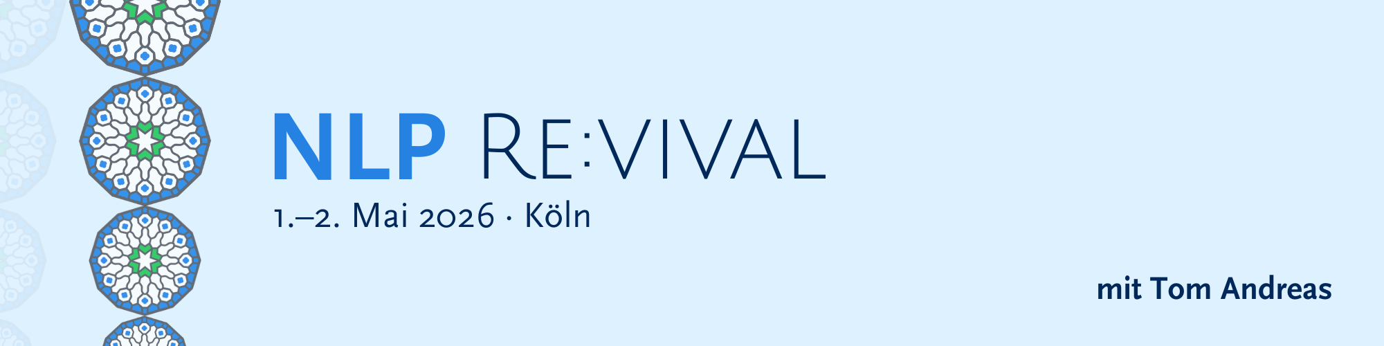 Logo des NLP Revivals und Datum der Veranstaltung; 1.-2. Mai 2026 in Köln